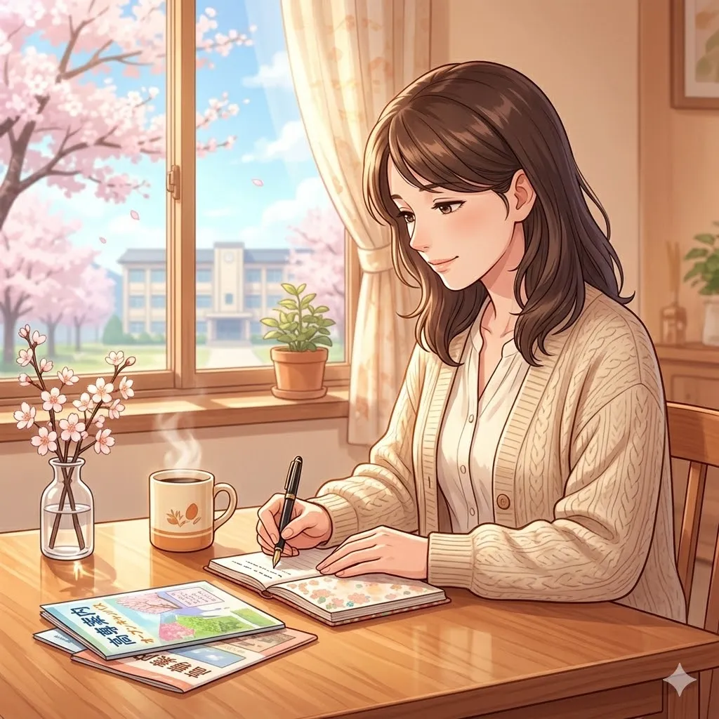 温かな部屋で筆を取る母