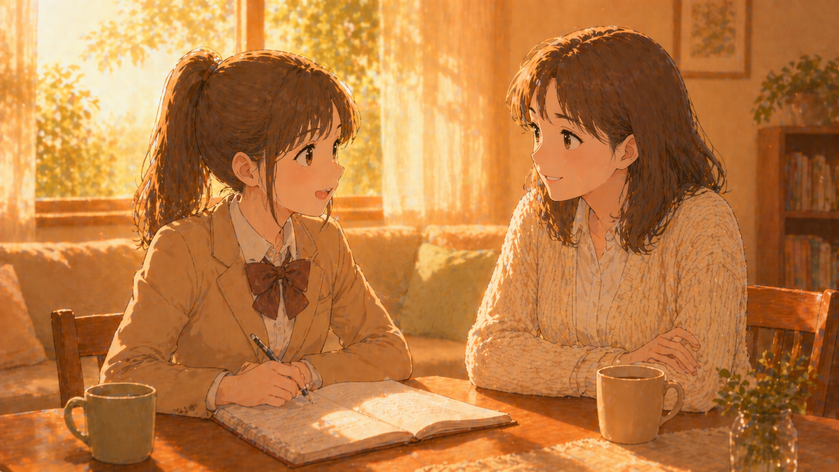 リビングで向かい合って話す母と娘、夕方の温かい光