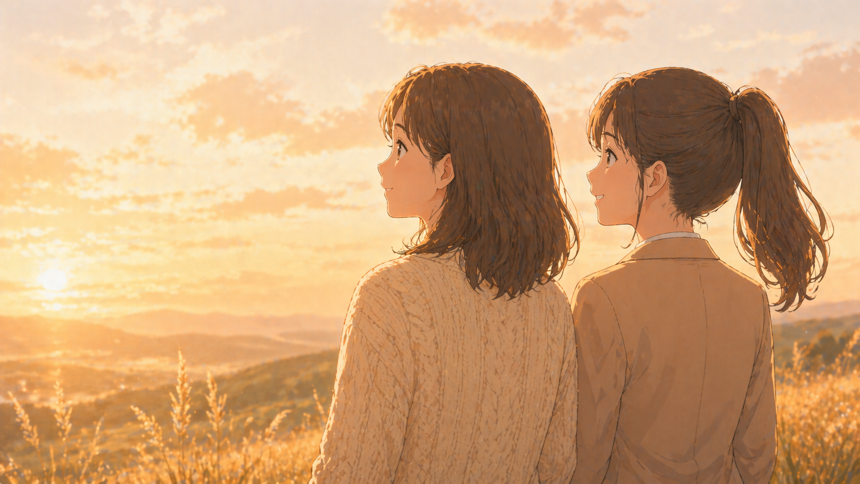 夕陽の中、母と娘が並んで遠くを見つめる後ろ姿、希望を感じる情景